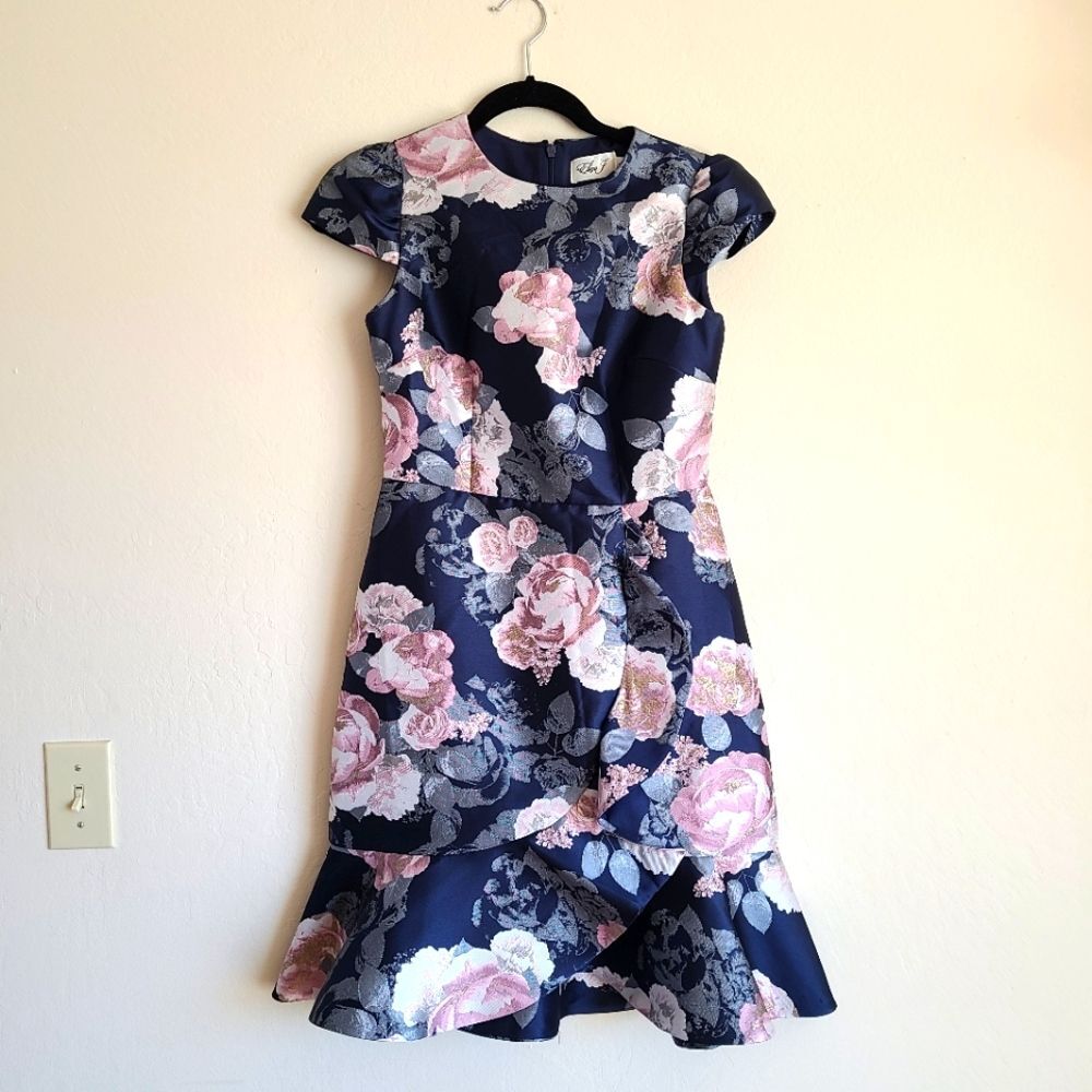Eliza J Navy Pink Floral Ruffle Hem Fit & Flare Dress Size 2
